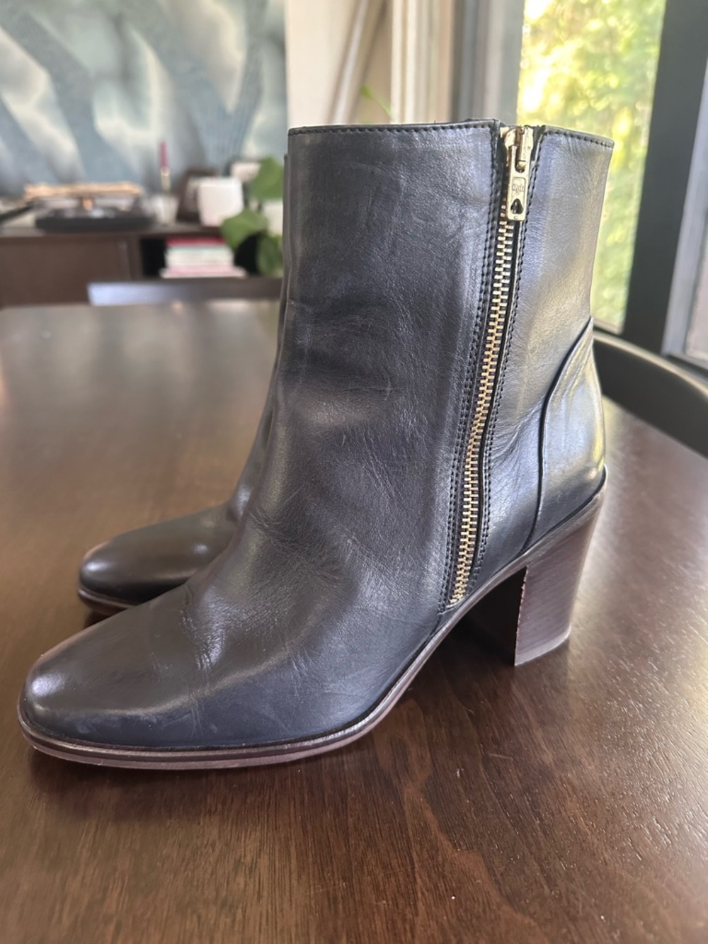 J. Crew Black Leather Ankle Boots stacked wood heel Gold Zipper 8.5